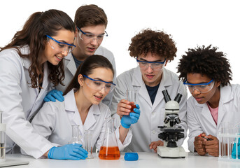 Diverse young students enthusiastically conduct a collaborative science experiment in a modern laboratory, fostering discovery and practical learning