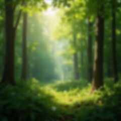 Fototapeta premium Blurred forest greens with sunlight filtering through leaves, serene and natural