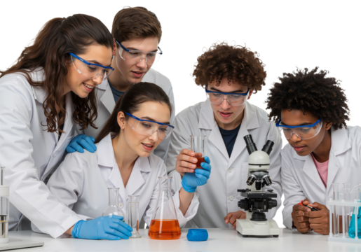 Diverse young students enthusiastically conduct a collaborative science experiment in a modern laboratory, fostering discovery and practical learning