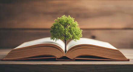 Symbolic representation of growth and knowledge illustrated by a tree growing from book
