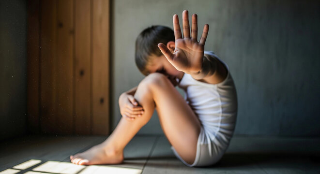 A terrified child sits in a dark, confined space with a hand raised in a gesture to stop. This powerful image symbolizes child abuse, fear, and vulnerability. Ideal for awareness and advocacy content.