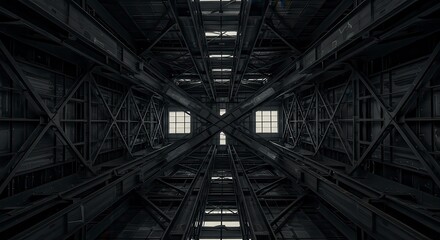Naklejka premium Epic criss-cross steel structure inside industrial hall – dramatic perspective engineering background in crystal 8K.