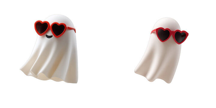 Funny halloween ghost with heart shaped sunglasses and smiling face floating in transparency background