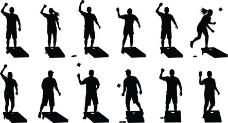 Cornhole game silhouettes, bean bag toss players, lawn sport illustration, outdoor activity concept, throwing stance, leisure competition, backyard fun, isolated vector graphic