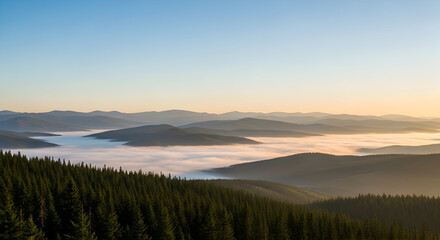 Breathtaking mountain landscape with fog-filled valley and lush evergreen forest in the early