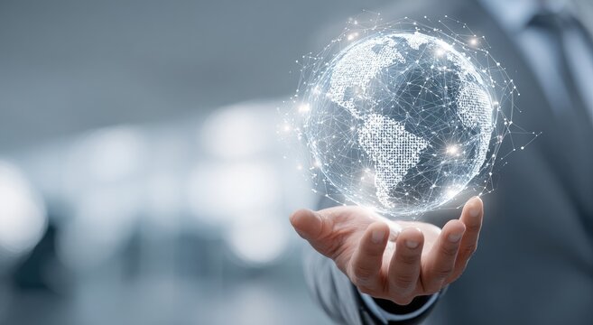 A hand holds a holographic globe, interconnected by a network of lines