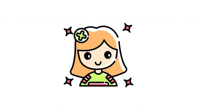 animation of Paramedic icon cartoon girl with a cross headband delivers medical aid in a cute style.