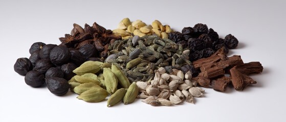 Obraz premium Assorted natural spices and herbs including black pepper garlic ginger and green cardamom isolated on white background