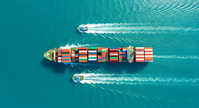 Aerial view of a container ship escorted by two pilot boats in turquoise sea reflects global trade