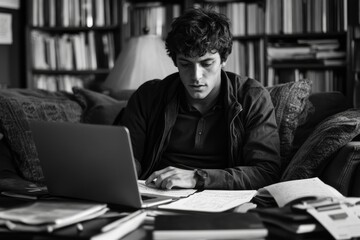 Young man works from home with his laptop and documents in a modern living room, Generative AI