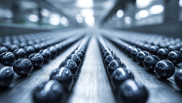 Rows of dark spheres on a conveyor belt, extending into a blurry, well-lit factory space