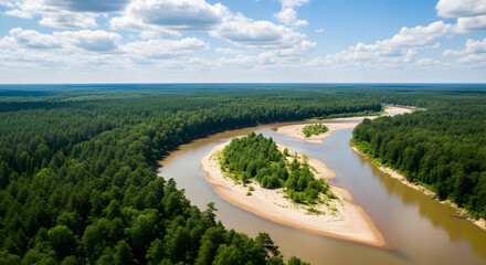 Obraz premium Breathtaking aerial view of a winding river cutting through a lush green forest landscape during