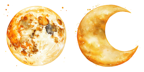 Watercolor Yellow Moon With Soft Details. isolated on a transparent background