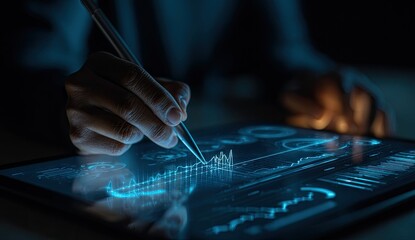 Hand using stylus on illuminated tablet screen displaying financial data in a dimly lit setting