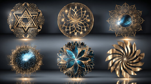 Set of logos in trendy linear style. Golden labels with frame from floral ornament. Logotypes for fashion, beauty, spa, hotel and jewelry industry.