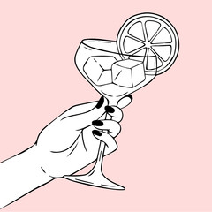 a hand holding a glass with  illustration vector line style hand drawn