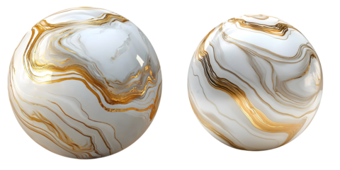 White and gold sphere with flowing marble veins isolated on a transparent background