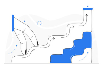 A stylized hand with fingers that walk up stairs. A journey symbol of  incremental progress toward a final goal. The path is not straight, indicating the gradually ups of achieving success.