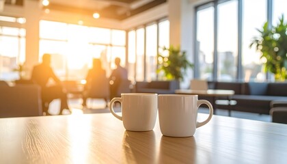 Two White Mugs on a Wooden Table in a Bright Office Setting