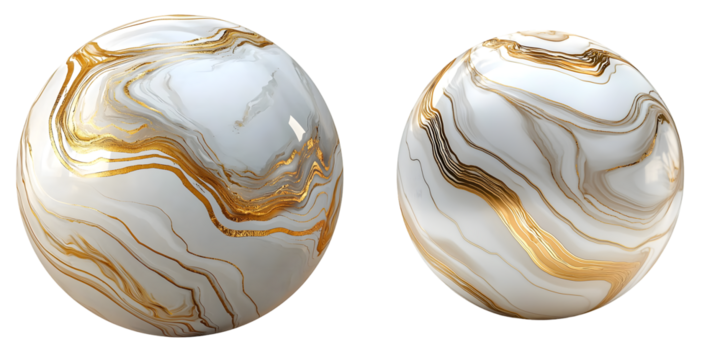 White and gold sphere with flowing marble veins isolated on a transparent background