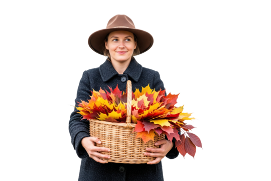 Stylish woman in a hat and coat holding a wicker basket filled with colorful autumn leaves.