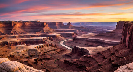 Dramatic vista of Dead Horse Point State Park with winding Colorado River at sunset