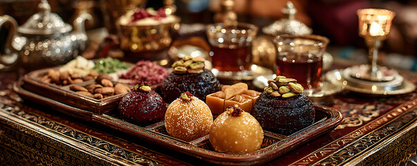 Fototapeta premium Assorted Indian sweets arranged on tray in opulent stting