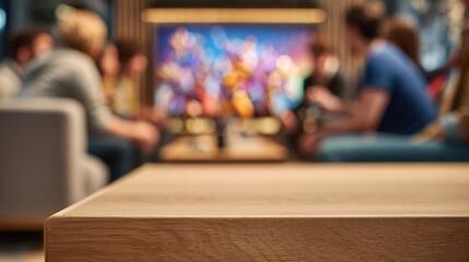 blurred classroom interior with wooden desk focus television screen background education learning environment