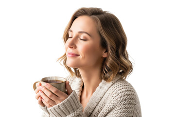Serene woman in a cozy sweater relaxing with her eyes closed, enjoying a warm drink.