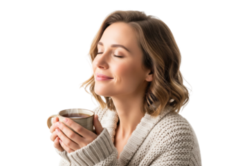 Serene woman in a cozy sweater relaxing with her eyes closed, enjoying a warm drink.