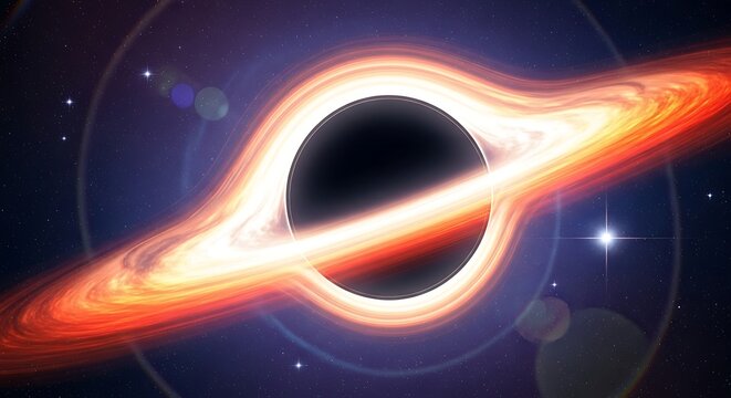 Massive black hole event horizon with glowing accretion disk in deep space