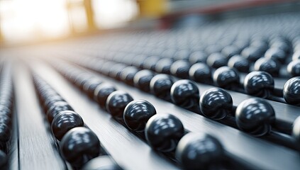 Close-up of metal spheres rolling along parallel tracks in a factory, bright light shines