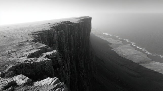 Majestic cliff overlooking turbulent ocean waves and expansive seascape in black and white - Powered by Adobe