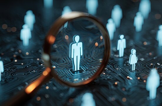 Magnifying glass on a human figure among others, on a circuit board - Powered by Adobe