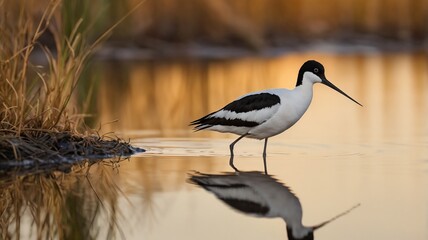 Obraz premium Macro Pied Avocet Beak, Golden Wetland Reflections