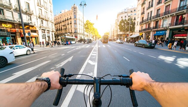 First-person view cycling down a sunny city street