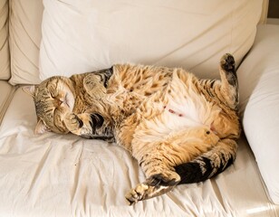 A chubby cat lounging on a sofa with its belly up 