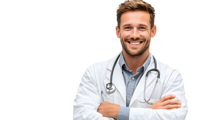 Portrait of smiling male doctor posing with folded ams isolated on transparentbackground,PNG image.