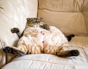 A chubby cat lounging on a sofa with its belly up 