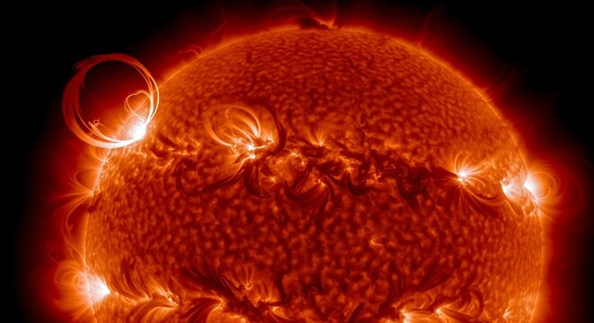 Fiery Sun Corona Showing Magnetic Loop and Solar Flares Against Deep Space Black