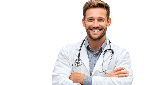 Portrait of smiling male doctor posing with folded ams isolated on transparentbackground,PNG image.