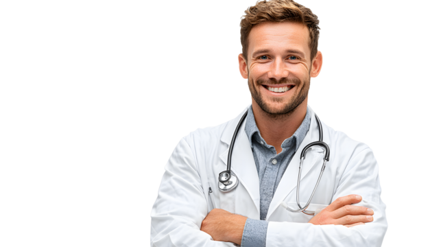 Portrait of smiling male doctor posing with folded ams isolated on transparentbackground,PNG image.