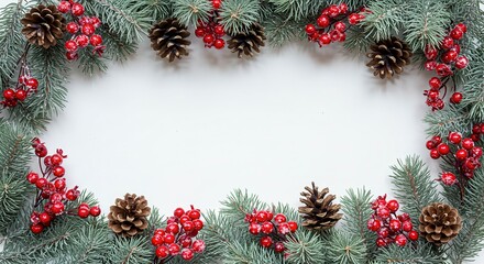 Snow-tipped fir branches and red berries frame bright copy space – timeless Christmas border flatlay in brilliant 8K.