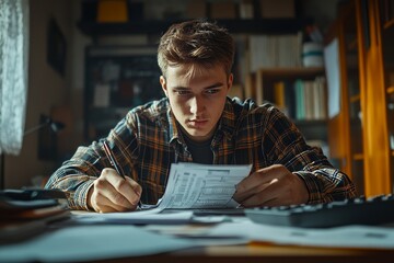 Serious young man accountant, auditor, or analyst works at his desk in the office, writing invoices and preparing financial reports, Generative AI