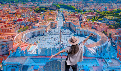 Famous Saint Peter's Square in Vatican and aerial view of the city - Rome, Italy