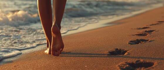 Close-up of feet walking along sandy beach shoreline du sunset with gentle waves and footprints