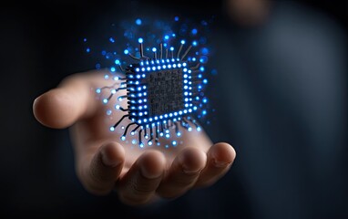 Hand Holding Lit-Up CPU Microchip, Close-up