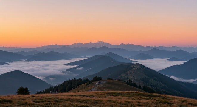 Layered misty mountain peaks glowing at dawn – serene wilderness panorama ideal for outdoor adventure branding in 8K.