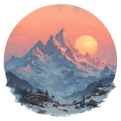 Winter Solstice design - glowing sun over snowy mountains isolated on transparent background