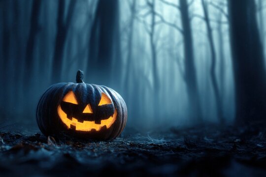 A Hauntingly Glowing Jack-o'-Lantern Illuminates a Misty Forest at Night, Creating an Eerie Atmosphere Full of Halloween Spirit and Mystery
